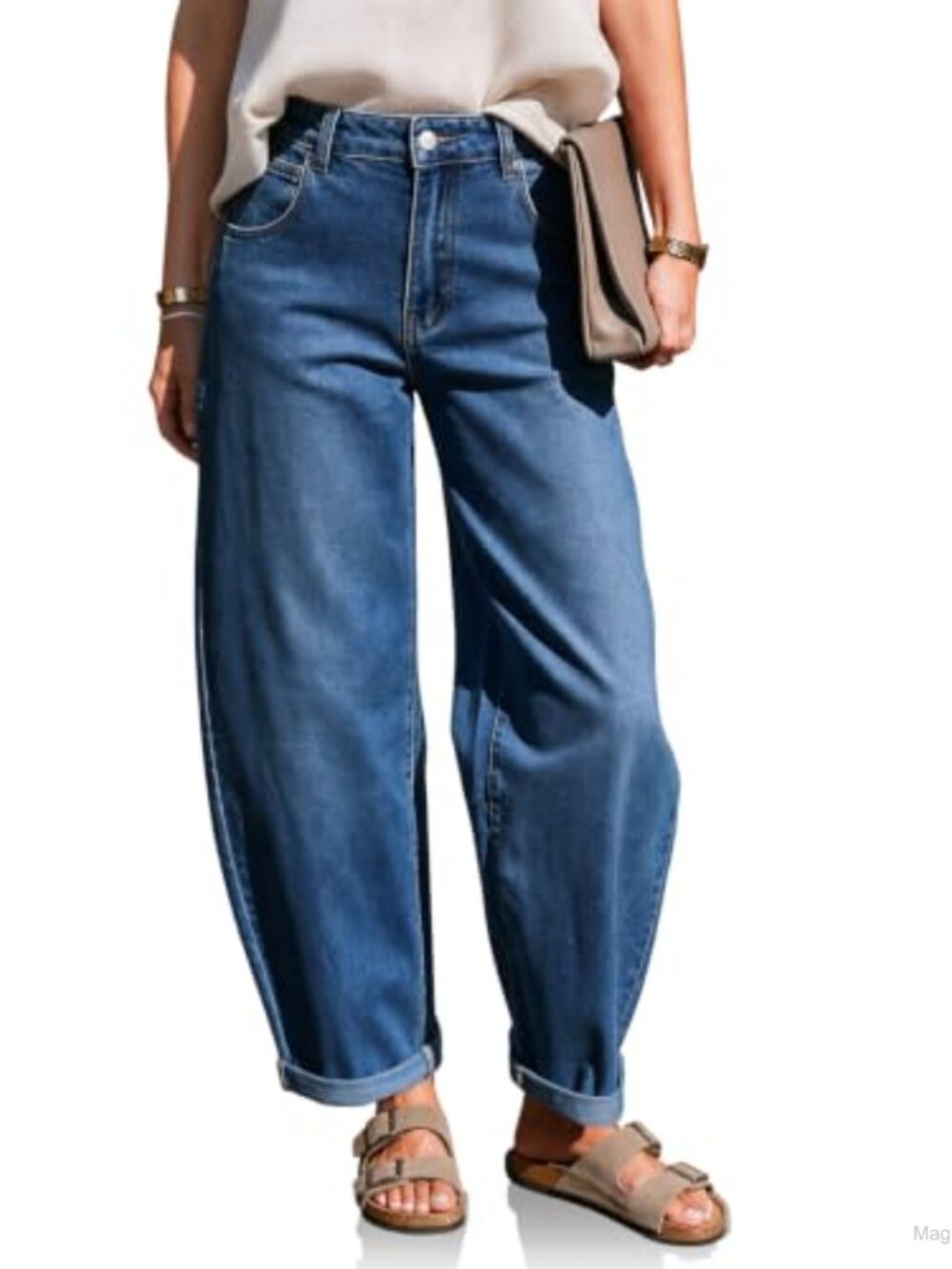 High Waisted Baggy Barrel Jeans Wide Leg Rolled Cuff Denim Pants